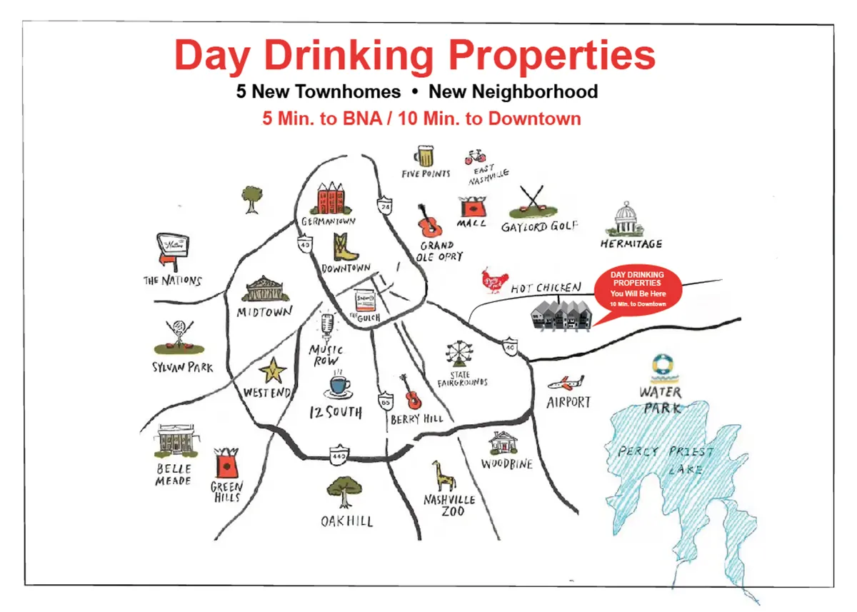 A playful, illustrated neighborhood map showing the property’s proximity to local attractions, including '5 Min. to BNA' and '10 Min. to Downtown,' and highlighting nearby landmarks and entertainment options. The visual communicates convenient access to both the airport and Nashville hotspots.