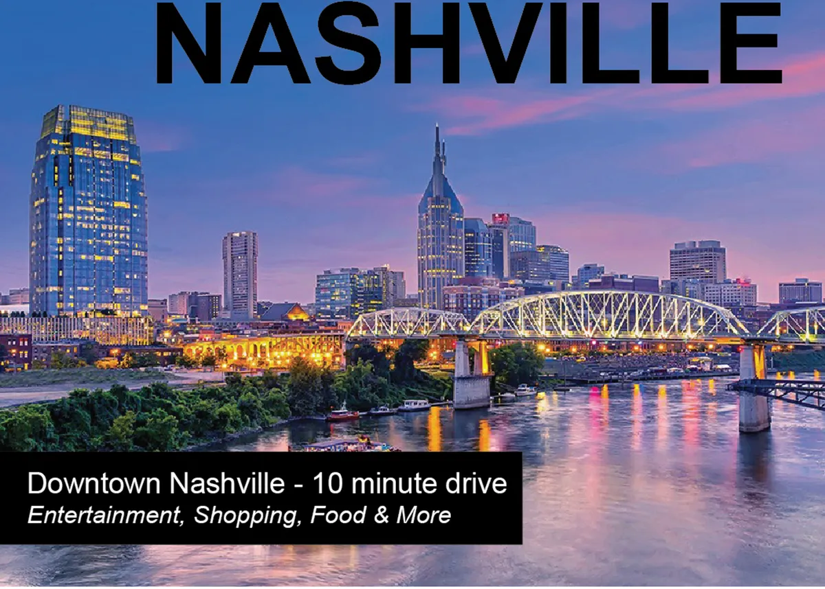 A sweeping view of the Nashville skyline featuring the Cumberland River and bridges, with city lights twinkling in the evening. The image conveys the allure and proximity of downtown’s entertainment districts and cultural attractions.