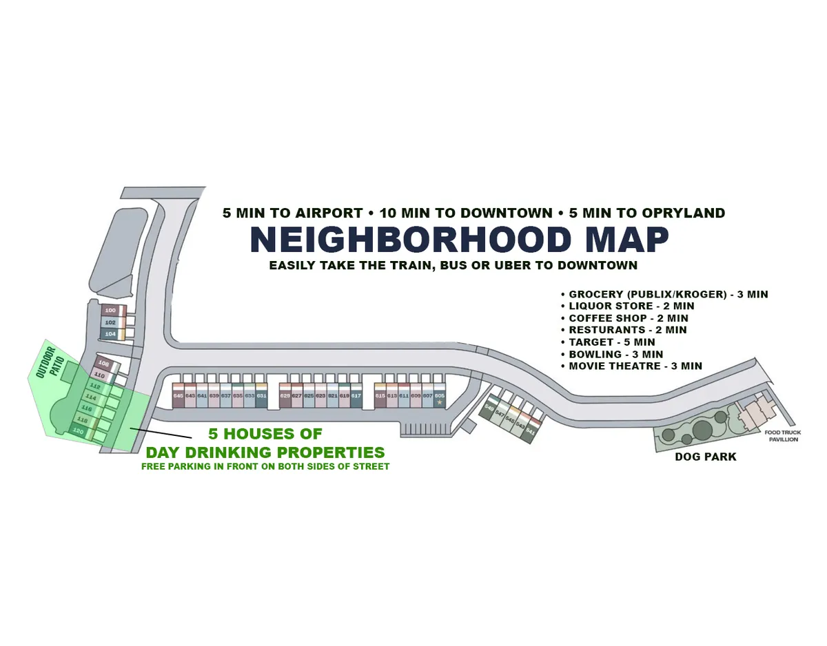 An exterior shot showcasing the broader neighborhood layout, proximity indicators to key landmarks, and a sense of community with visible pathways and gathering spots. The image conveys vibrancy and ease of access to local attractions.
