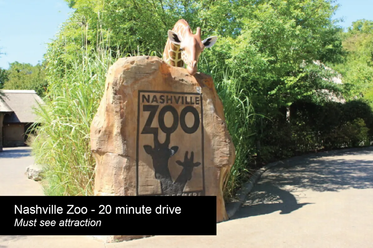 This image captures the entrance to the Nashville Zoo, featuring a welcoming zoo sign, a giraffe sculpture, and lush greenery, all inviting families and children to a memorable day of animal encounters and exploration.