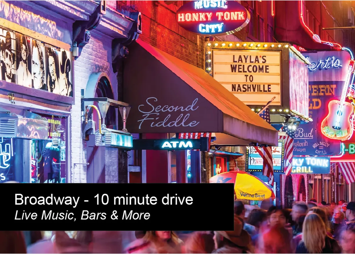 A bustling street scene in downtown Nashville with neon signs, lively bar entrances, and a crowd of people enjoying the nightlife. The image captures the energetic atmosphere and the excitement of exploring Nashville’s honky-tonks and music venues after dark.