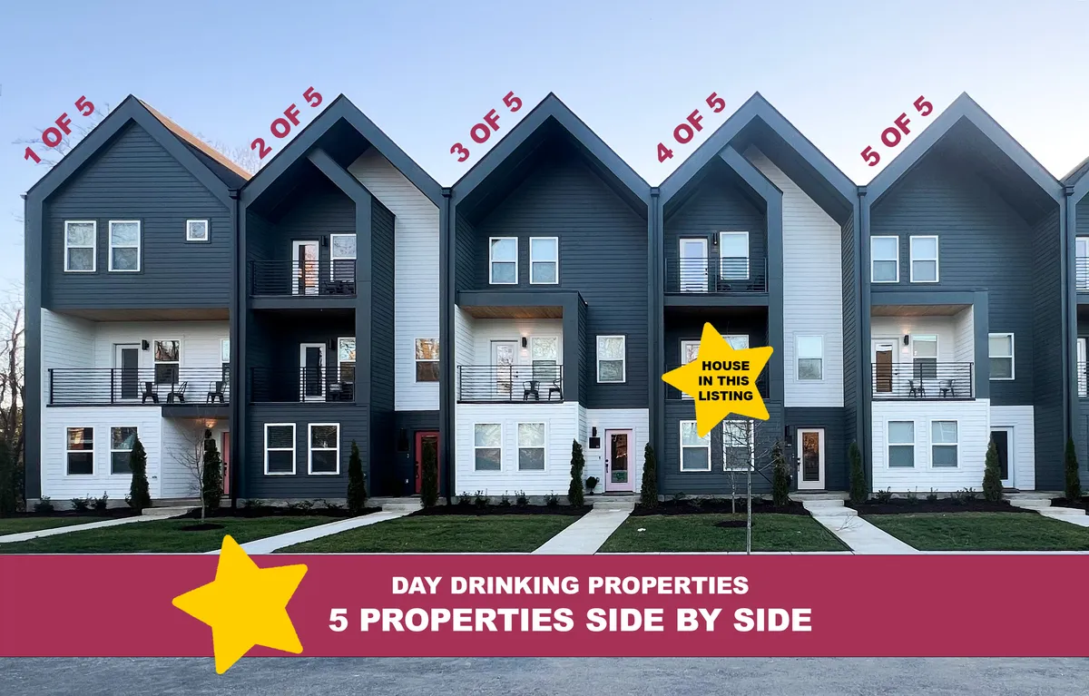 A vibrant exterior view of the modern townhome community, featuring bold contemporary architecture, a distinctive color scheme, and multiple private balconies with landscaped walkways below. The scene suggests opportunities for neighbors to gather outdoors and enjoy the sunny Nashville weather.