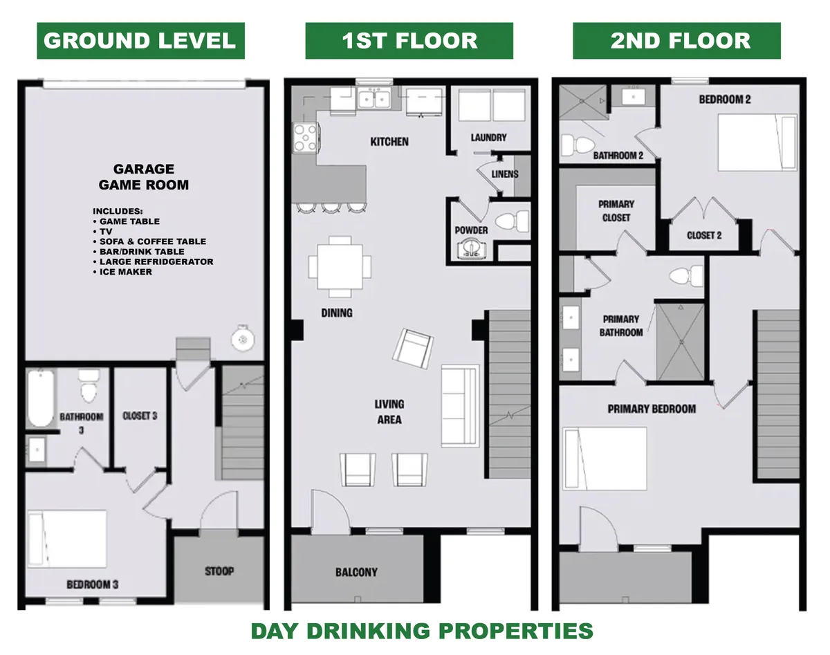 A wide-angle view highlighting the garage game room alongside the kitchen, dining, living area, and a glimpse of the primary bedroom. The game room space is visible, set up for game nights and social gatherings, showing both comfort and fun elements.